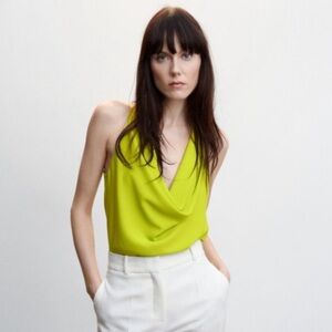 Mango Lime Green Cowl Neck Drape Top